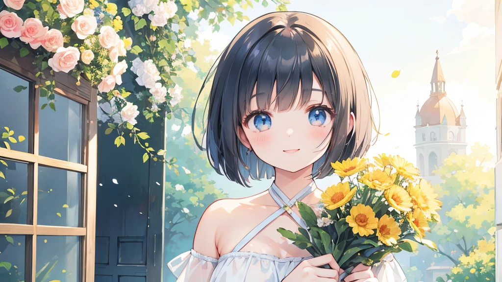 Photorealistic、Highest quality、Highest Resolution、Highest quality、8K、A beautiful woman holding a bouquet of flowers、Bob Cut Hair、Looks happy、smile、