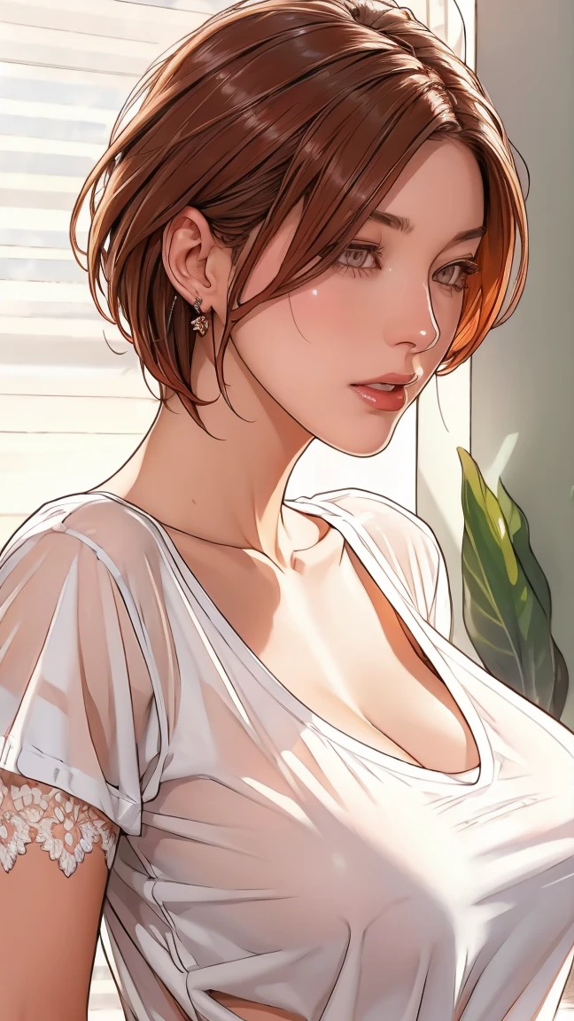 ((((masterpiece, best quality, high resolution)))), very detailed 8K, Beautiful girl with voluptuous body, (Ultra HD, very detailed, very detailed, very realistic, surreal, realistic photo), (1 woman:1.5), (Realistic redhead), (short wavy hair, bob cut, earring), (dynamic pose), towards the camera, looking at viewer, (red blushing red, embarrassing, laugh), (black eyes, piercer), (Huge, perky breasts:1.2), (Beautiful detailed face, beautiful detailed eyes), ((loose white t-shirt, translucent material, braless, lace panties)), (Detail pussy), (rising), sweat, glow, (sunlight, sunlight), ((cowboy shot)), bedroom, fascinating, sexy pose, Facial expressions that make you orgasm, sweat에 젖은 몸, black clothes