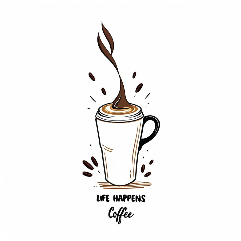 on white background a minimalist doodle of a coffee dropping from coffee mug, pens are dropping, leave are dropping. Text saying 'Life Happens, Coffee Helps' -