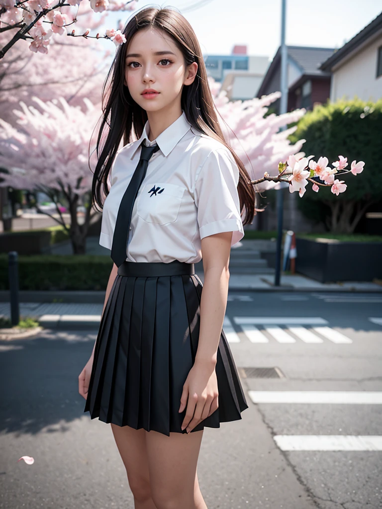 1girl, black skirt, branch, building, chain-link fence, cherry blossoms, fence, long hair, outdoors, petals, pleated skirt, rain, shirt, short sleeves, skirt, solo, standing, tree,
sky,street,Raw, cinematic shot, (sharp focus:1.5), (photorealistic:1.4), twilight lighting, volumetric lighting, ultra high res, 16K,dramatic lighting,
