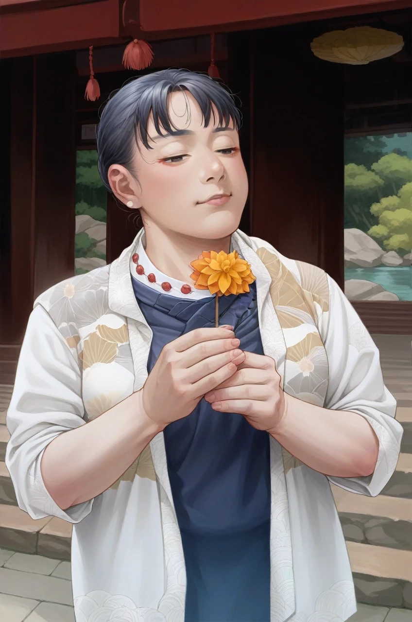 A woman in her fifties wearing a light blue kimono standing on a sidewalk next to a river, Japanese women, elegant Japanese women, In kimono, likeい日本人の女の子の, wearing a haori, Wear Hakama, wear Kimono, Traditional Japanese, 皇室のwear Kimono, wear Kimono, Beautiful Japanese girl face, In kimono, Elegant yukata, like々The beauty of Japan, kimono