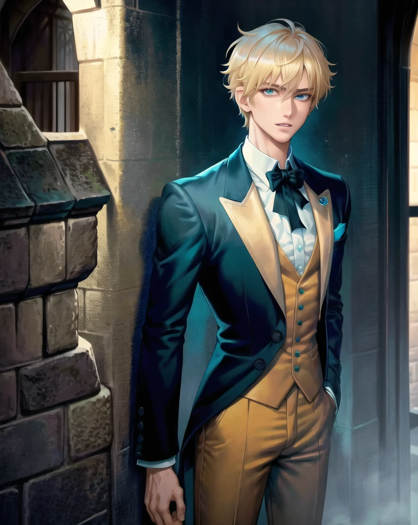 1boy, (man), manly body, anime, extremely detailed, hyper detailed, (broad shoulders), (PERFECT FACE), illustration, soft lighting, 2d, intricate, cowboy shot, detailed eyes, blonde hair, short hair, teal eyes, sexy, toned, black tuxedo, (outside), castle tower