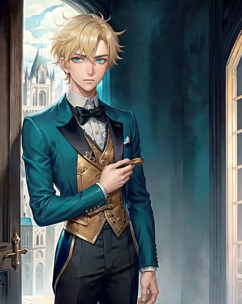 1boy, (man), manly body, anime, extremely detailed, hyper detailed, (broad shoulders), (PERFECT FACE), illustration, soft lighting, 2d, intricate, cowboy shot, detailed eyes, blonde hair, short hair, teal eyes, sexy, toned, black tuxedo, (outside), castle tower