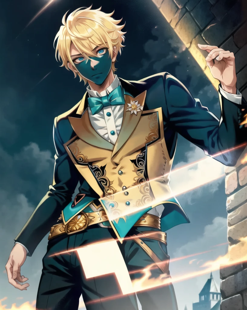 1boy, (man), manly body, anime, extremely detailed, hyper detailed, (broad shoulders), (PERFECT FACE), illustration, soft lighting, 2d, intricate, cowboy shot, detailed eyes, blonde hair, short hair, teal eyes, sexy, toned, black tuxedo, (outside), castle tower