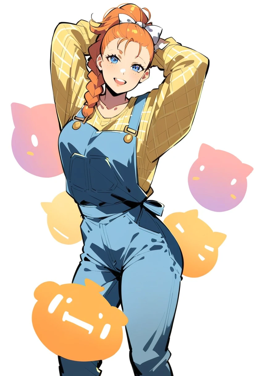 pewarnaan character, visual illustration, aged up, @ANN, ann \(harvest moon\), ran \(bokujou monogatari\), 1girl, solo, (overalls), white background, (blue overalls), smile, blue eyes, simple background, looking at viewer, breasts, arms up, long sleeves, yellow shirt, orange hair, cowboy shot, collarbone, collared shirt, cleavage, denim, hair pulled back, upper teeth only, blonde hair, long hair, medium breasts, forehead, standing, arms behind head, braided ponytail, single braid, teeth, oversized clothes, partially unbuttoned, pants, oversized shirt, buttons, head tilt, flat chest, hair ribbon, white bow, tomboy, round teeth, plaid shirt, denim overalls, mature female, tall, tall female, slim body, freckles, highres, 4k, 8k