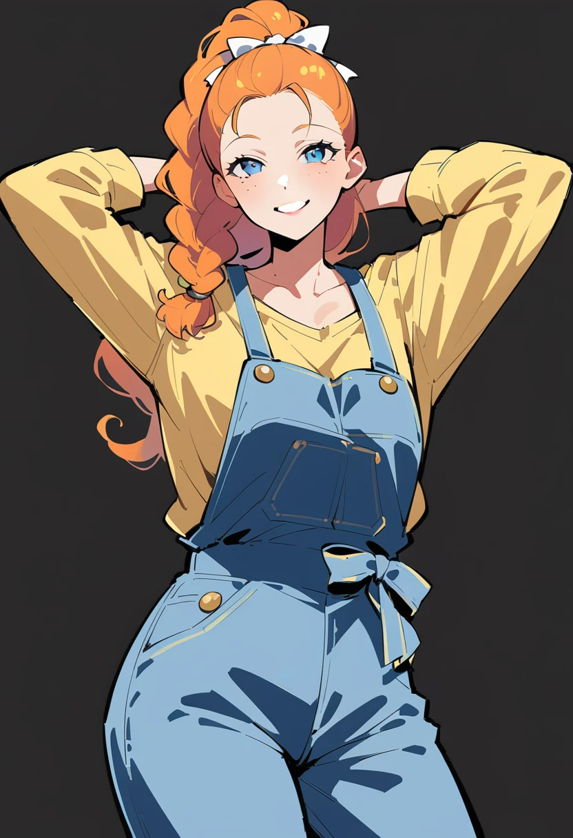 pewarnaan character, visual illustration, aged up, @ANN, ann \(harvest moon\), ran \(bokujou monogatari\), 1girl, solo, (overalls), white background, (blue overalls), smile, blue eyes, simple background, looking at viewer, breasts, arms up, long sleeves, yellow shirt, orange hair, cowboy shot, collarbone, collared shirt, cleavage, denim, hair pulled back, upper teeth only, blonde hair, long hair, medium breasts, forehead, standing, arms behind head, braided ponytail, single braid, teeth, oversized clothes, partially unbuttoned, pants, oversized shirt, buttons, head tilt, flat chest, hair ribbon, white bow, tomboy, round teeth, plaid shirt, denim overalls, mature female, tall, tall female, slim body, freckles, highres, 4k, 8k