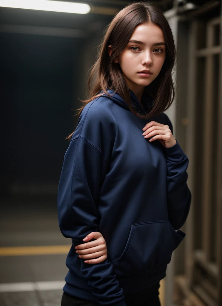 A stunning and intricate color portrait of (Woman:1), wearing a navy blue sweatshirt, Epic character composition, por Ilya Kuvshinov, alessio albi, nina masic, sharp focus, natural lighting, underground dispersal, f2, 35mm, Film grain, 