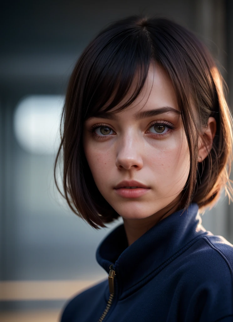 A stunning and intricate color portrait of (Woman:1), wearing a navy blue sweatshirt, Epic character composition, por Ilya Kuvshinov, alessio albi, nina masic, sharp focus, natural lighting, underground dispersal, f2, 35mm, Film grain, 