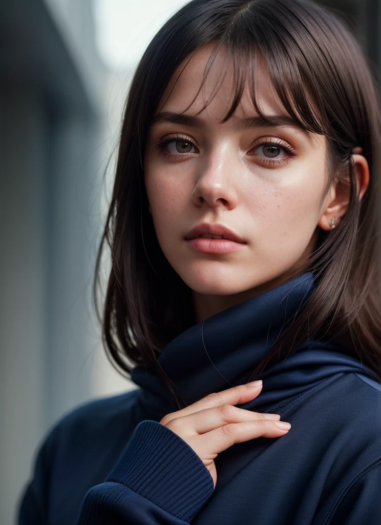 A stunning and intricate color portrait of (Woman:1), wearing a navy blue sweatshirt, Epic character composition, por Ilya Kuvshinov, alessio albi, nina masic, sharp focus, natural lighting, underground dispersal, f2, 35mm, Film grain, 