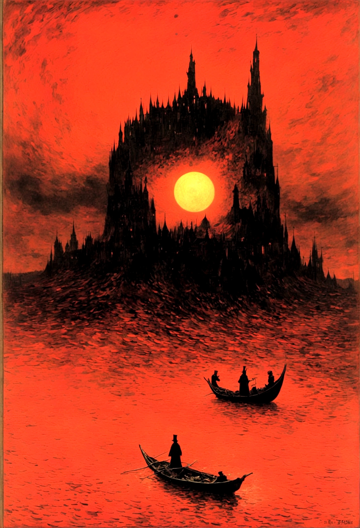 Mythical creatures, author:Zdzislaw Beksiński and Vincent Van Gogh, Album cover, romantic, Surrealism, Futuristic ,微笑むredちゃん, Coral, Wizard, Abstracted, dark, red, landscape
