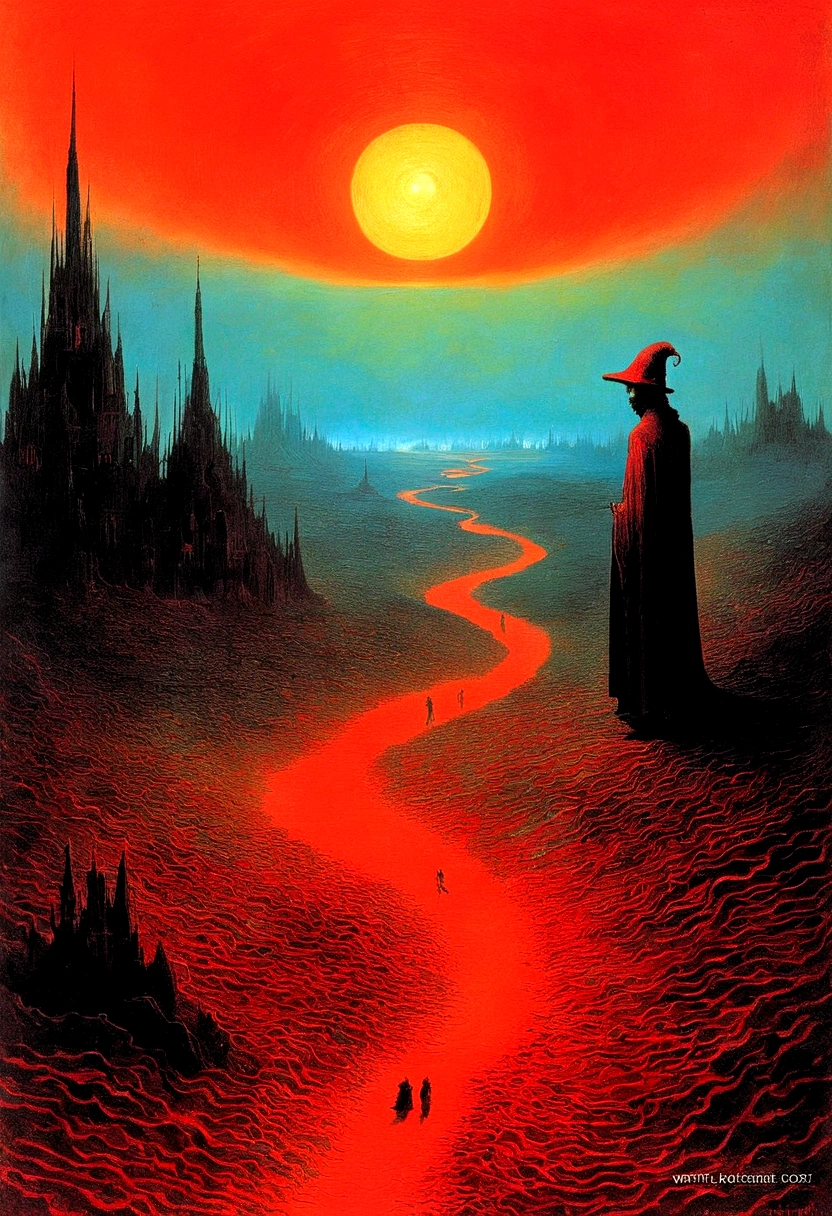 Mythical creatures, author:Zdzislaw Beksiński and Vincent Van Gogh, Album cover, romantic, Surrealism, Futuristic ,微笑むredちゃん, Coral, Wizard, Abstracted, dark, red, landscape
