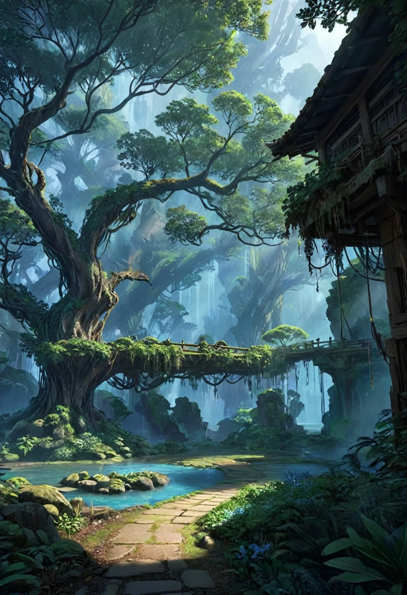 (based on the movie avatar), Scene where Naytiri the Female Na ́vi, is located in the town, in the hollow of the great tree, with illuminated hanging vines, (Intricate details of the high quality machine), cinematic style, absolute sharpness, 8k image.(Masterpiece).