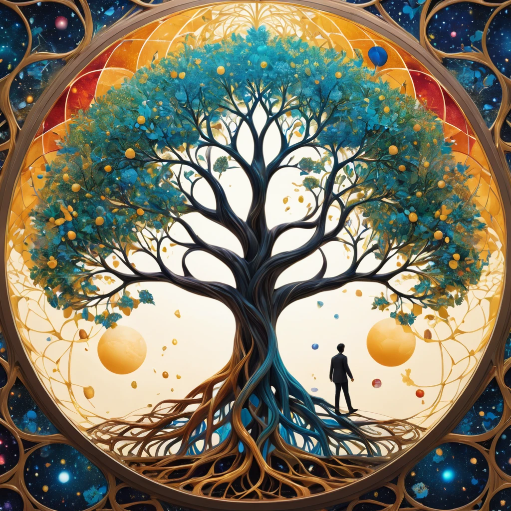 (Evolution of life)、Fibonacci、the golden ratio、melted wax、Visible brush strokes、3D tessellation wireframe、neural graphic、neurons、The Tree of Life、Farbe、tenderness、passion、The ultra -The high-definition、8K UHD、masterpiece