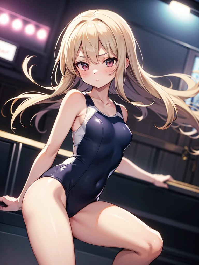 Slender beautiful girl, alone, white school swimsuit, high resolution, top quality, fine details, no blush, knee high, dynamic angles, cinematic lighting, hair raking, small breasts