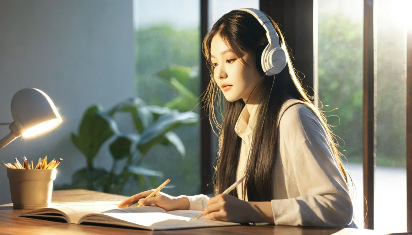 19-year-old Korean woman wearing headsets, long straight hair, sitting at her desk studying, reading books, sunlight coming through the windows,