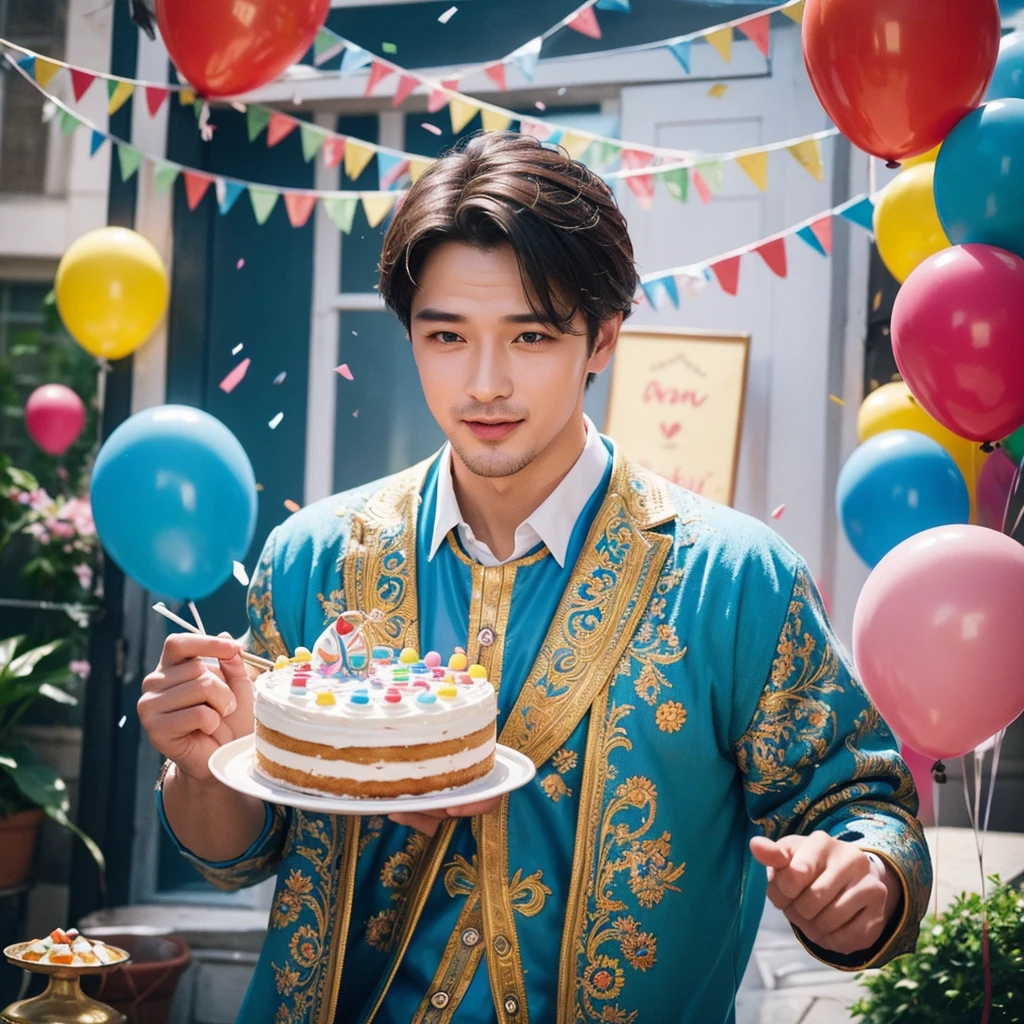 Create a creative and imaginative image of a kind-looking consul man wearing blue clothes and holding a birthday cake. Set him in an unconventional and whimsical setting, such as a magical garden with floating candles and colorful confetti raining down, or a fantastical realm where cakes are giant and candles dance with music. Infuse the image with elements of wonder and celebration, showcasing his role as a bringer of joy and connection.Surround the kind-looking consul man with a vibrant and lively background, such as a festive party scene with balloons, streamers, and joyful guests celebrating. Enhance the atmosphere with bright colors and dynamic elements that symbolize happiness and festivity, creating a visually striking and joyful image.