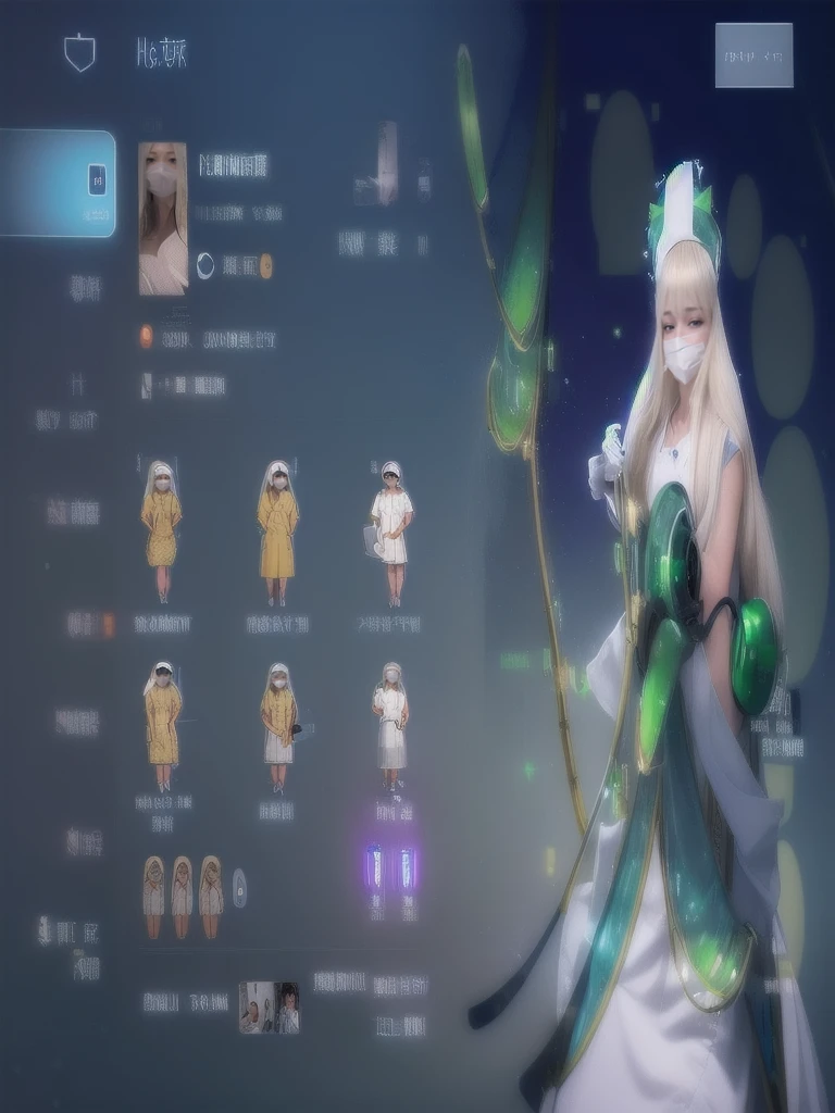 1womanl, Nurse, Nurse Cap, Whiteware, ((White legwear, zettai ryouiki)), White Gloves, Blonde hair, Blue eyes, ((White surgical mask, Cover the nose)), Standing, hospitals, sharp outline, Short sleeves, a matural female, 35 year old, Best Quality, masutepiece