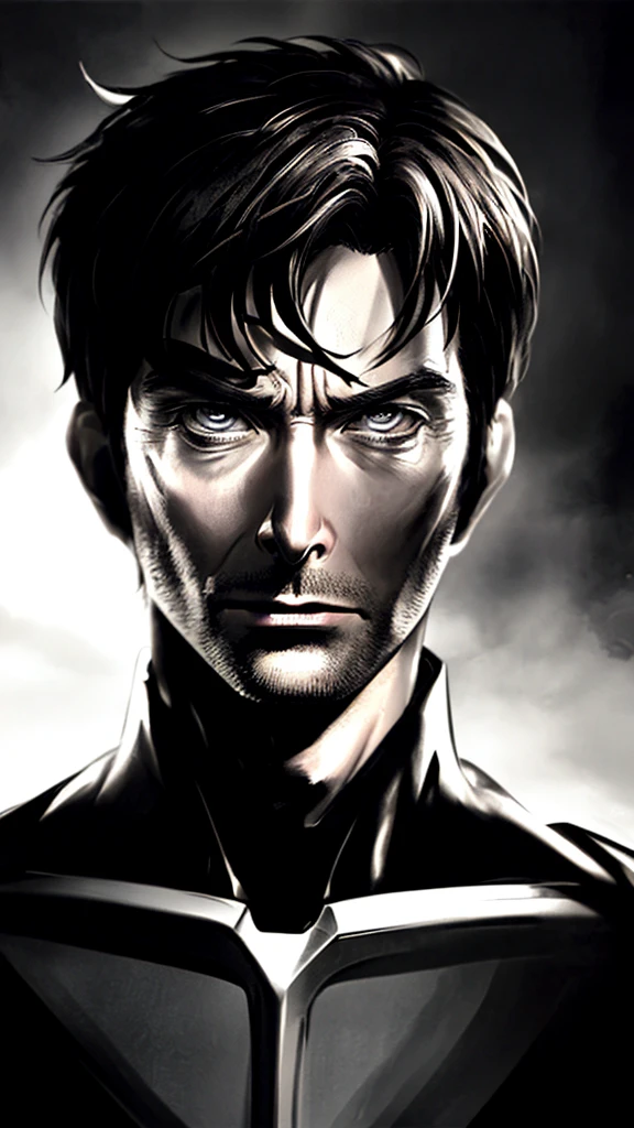 David Tennant, male superhero, short hair, hazel eyes, smirk, white skin, sexy, ultra-detailed,(realistic), ,superhero, ,intense gaze,detailed facial features,dramatic lighting,dark and moody atmosphere,chiaroscuro,cinematic,portrait