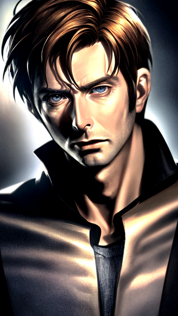 David Tennant, male superhero, short hair, hazel eyes, smirk, white skin, sexy, ultra-detailed,(realistic), ,superhero, ,intense gaze,detailed facial features,dramatic lighting,dark and moody atmosphere,chiaroscuro,cinematic,portrait