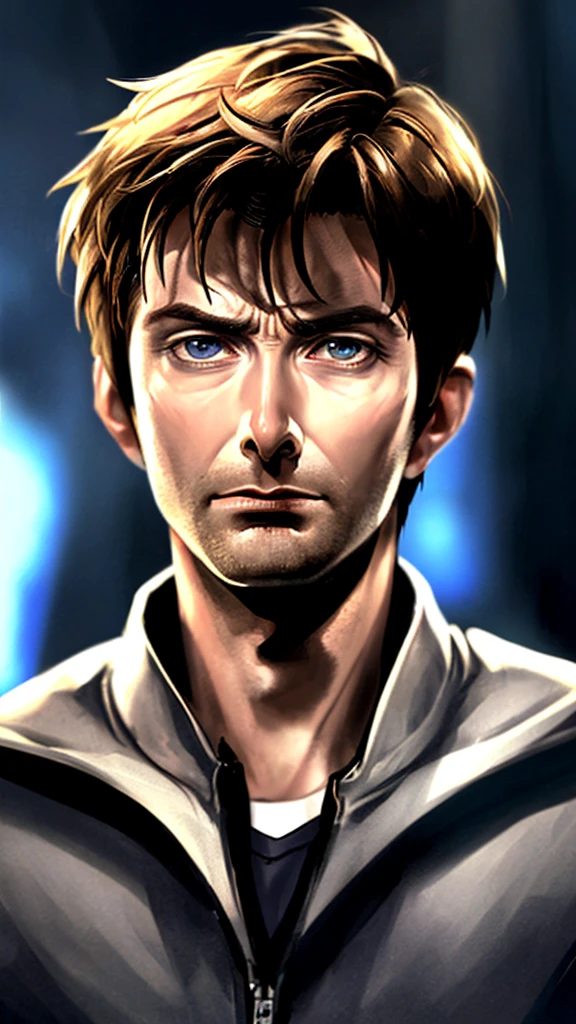 David Tennant, male superhero, short hair, hazel eyes, smirk, white skin, sexy, ultra-detailed,(realistic), ,superhero, ,intense gaze,detailed facial features,dramatic lighting,dark and moody atmosphere,chiaroscuro,cinematic,portrait