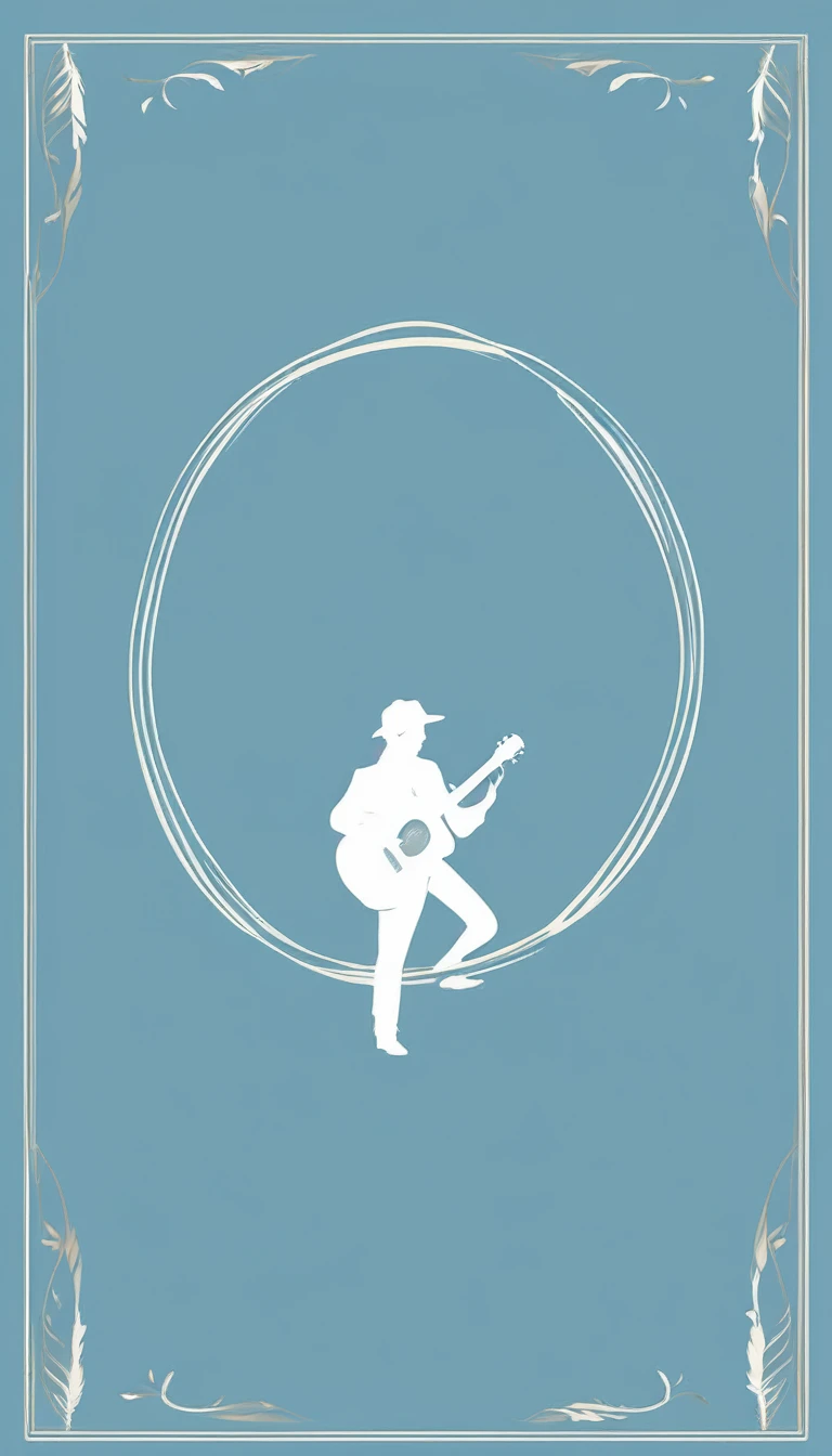 A minimal, modern, simple, cinematic logo design for the brand “Penamemoria". The logo design must be a simple, silhouette of a boy, standing up, playing acoustic guitar and fantasy feather by his side. The logo must convey a sense of music, stories, memories and dreams. Logo design impressed on a book cover. Minimalistic logo. Light blue, white and soft golden as colors for the logo design