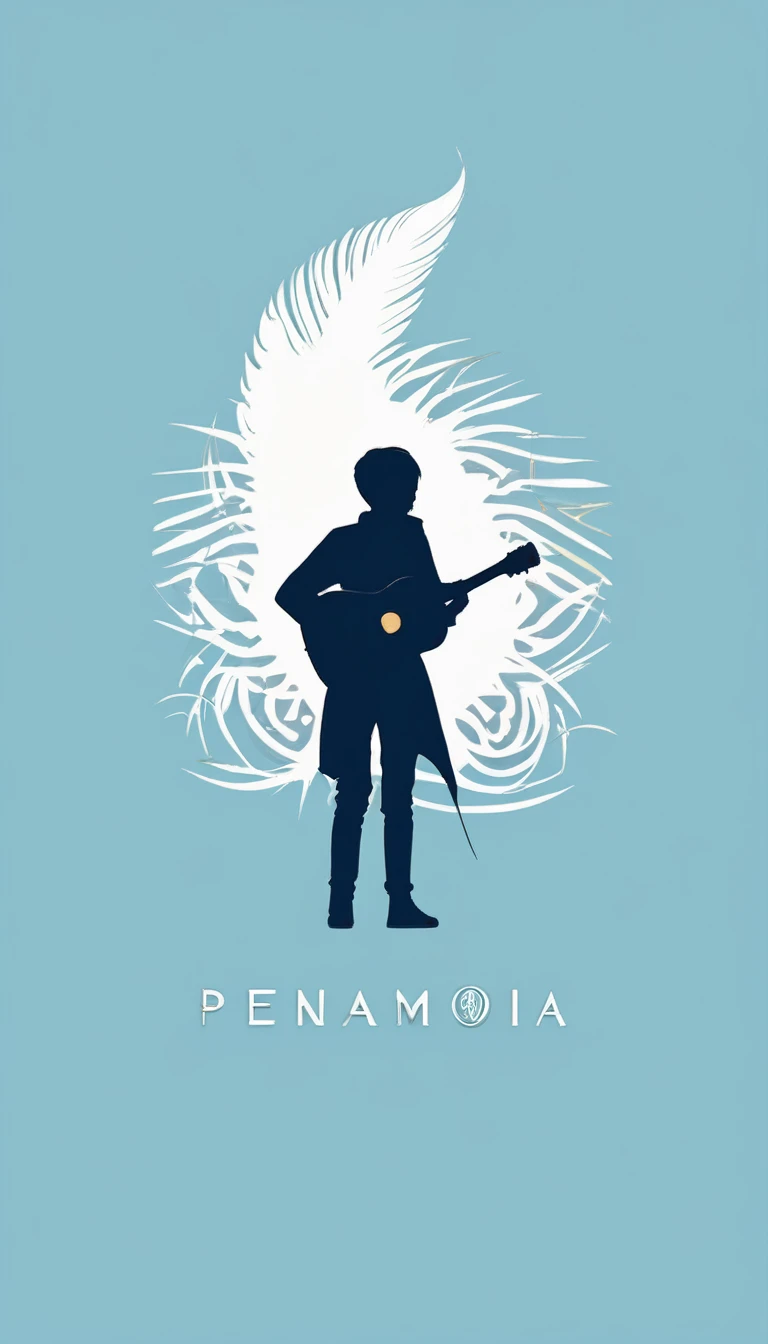 A minimal, modern, simple, cinematic logo design for the brand “Penamemoria". The logo design must be a simple, silhouette of a boy, standing up, playing acoustic guitar and fantasy feather by his side. The logo must convey a sense of music, stories, memories and dreams. Logo design impressed on a book cover. Minimalistic logo. Light blue, white and soft golden as colors for the logo design