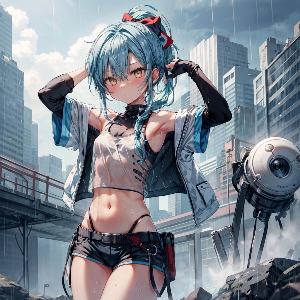 ((Highest quality)), ((masterpiece)), ((detailed)), (4K), a girl with lightblue hair and a top with short sleeves holding a screw driver, 1girl, 独奏, long hair, lightblue hair, navel, gloves, shorts, breasts, sweat, wrench, short shorts, very long hair, underwear, panties, holding, belt, arm up, ponytail, small breasts, blurry background, gray sky, rain, looking at viewer, black gloves, white panties, sports bra, wiping sweat, bow, bare shoulders, bangs, cowboy shot, yellow eyes, midriff, hair bow, (expressionless)