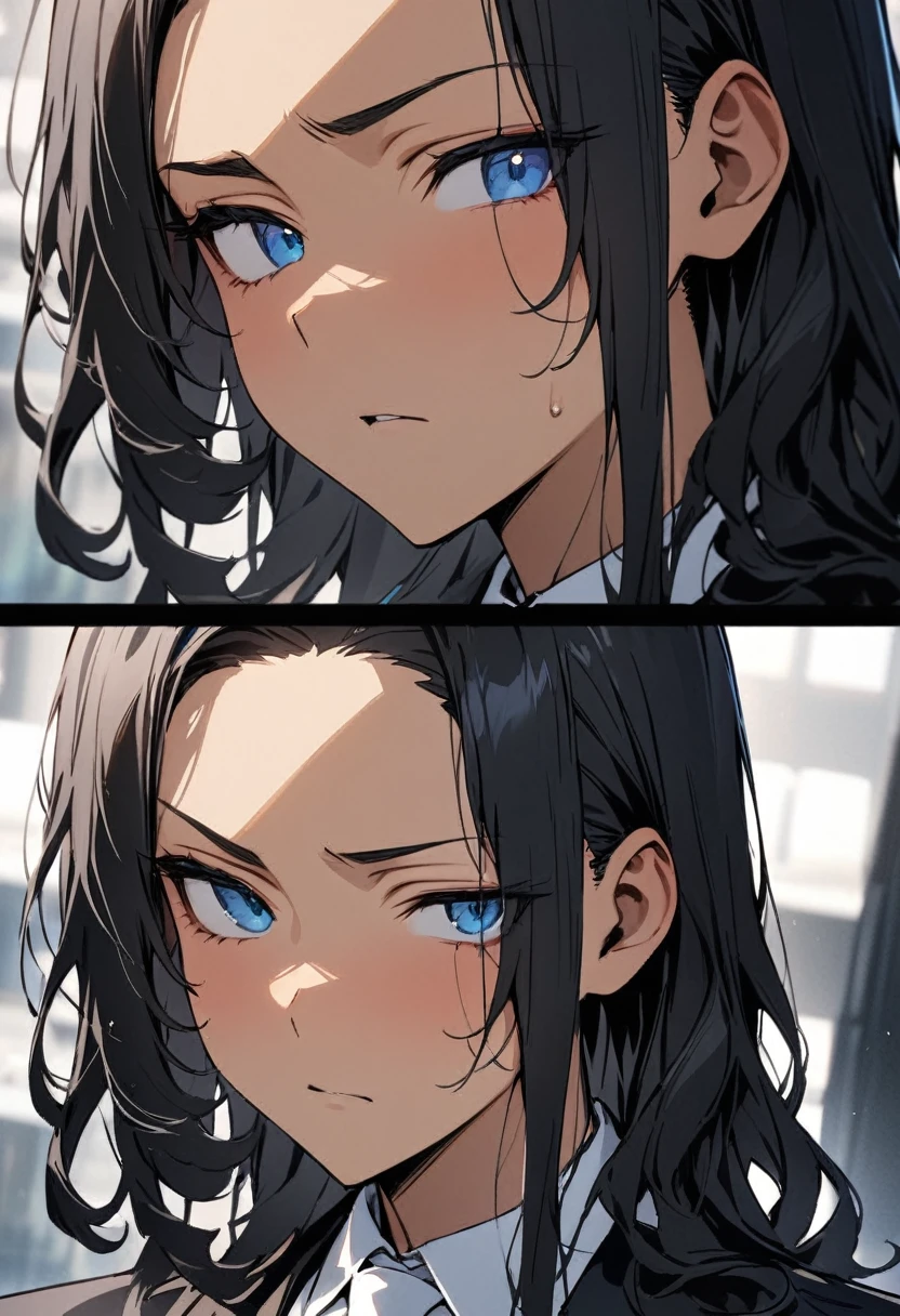
(( straight face picture )) ((best quality)), (Masterpiece)), (details), ( Beautiful colors ) ( ornamentation )  young man , Tanned skin , black hair ,blue eyes ,Shoulder-length hair ,Slightly curly hair , open forehead , wearing a black suit ,white tie , Wear a white doctor&#39;s coat ,  
