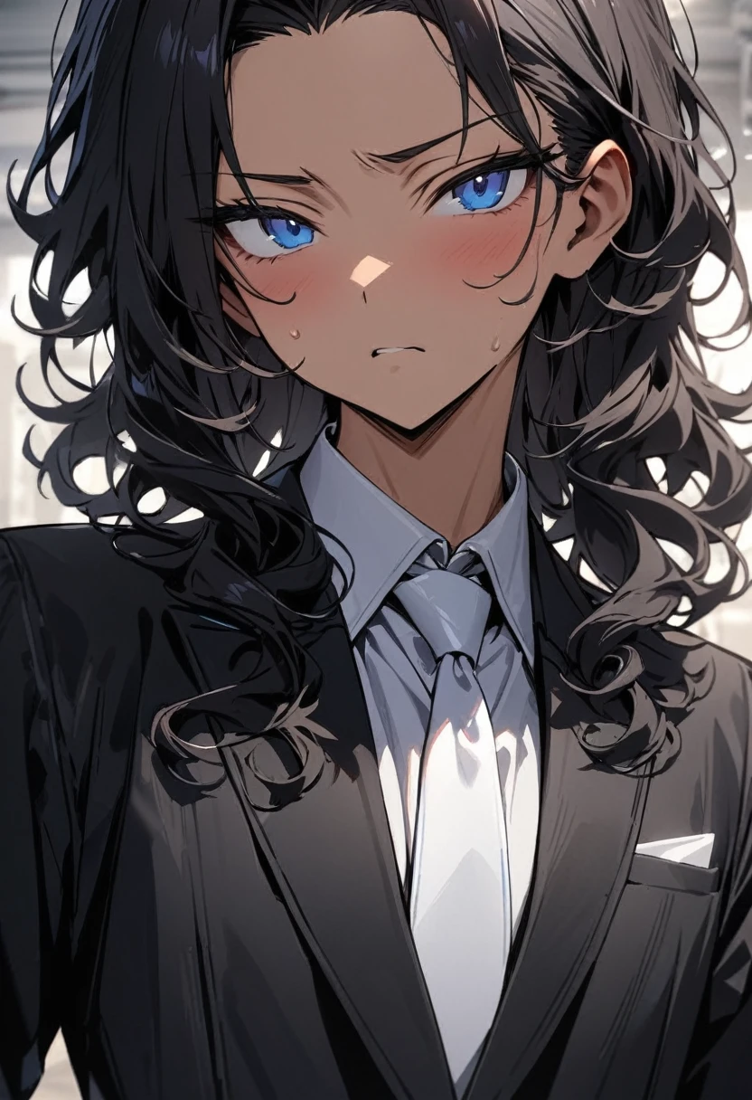 
(( straight face picture )) ((best quality)), (Masterpiece)), (details), ( Beautiful colors ) ( ornamentation )  young man , Tanned skin , black hair ,blue eyes ,Shoulder-length hair ,Slightly curly hair , open forehead , wearing a black suit ,white tie , Wear a white doctor&#39;s coat ,  
