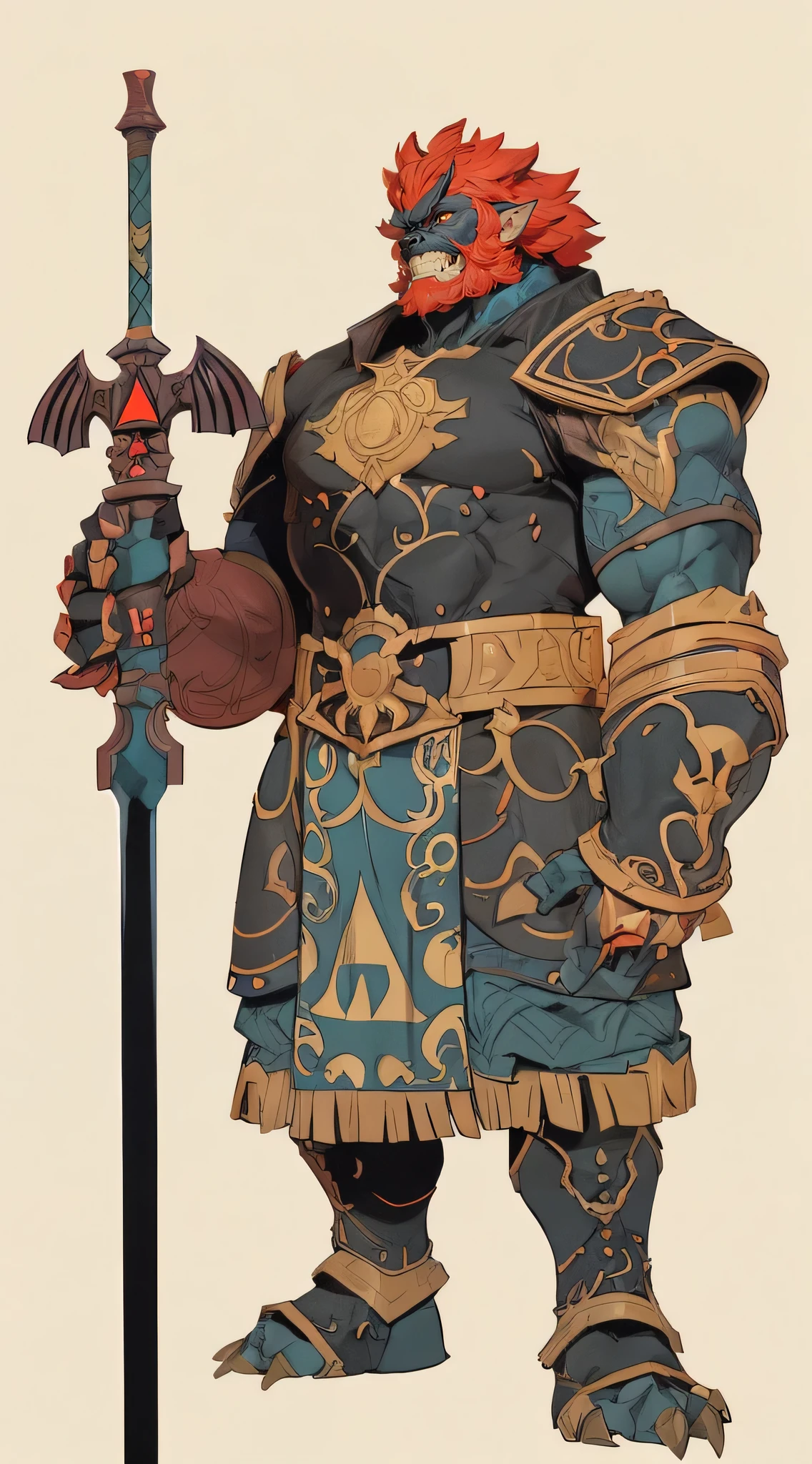 a muscular demonic male figure, ganondorf from the legend of zelda series, detailed demonic facial features, glowing red eyes, sharp fangs, horns, long hair, dark armor, dramatic pose, the style of fantasy artist gerald brom, dark fantasy, dramatic lighting, rich colors, ultra-detailed, 8k, highly realistic
