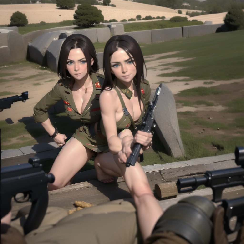 3 female military Israel with rifle name mia,emily,layla. Mia and Emily are full naked and mia have cock while layla aim at you,cover blood,in restaurants,aim st children, point at you full angry smile,mia suck her cock to Emily booty