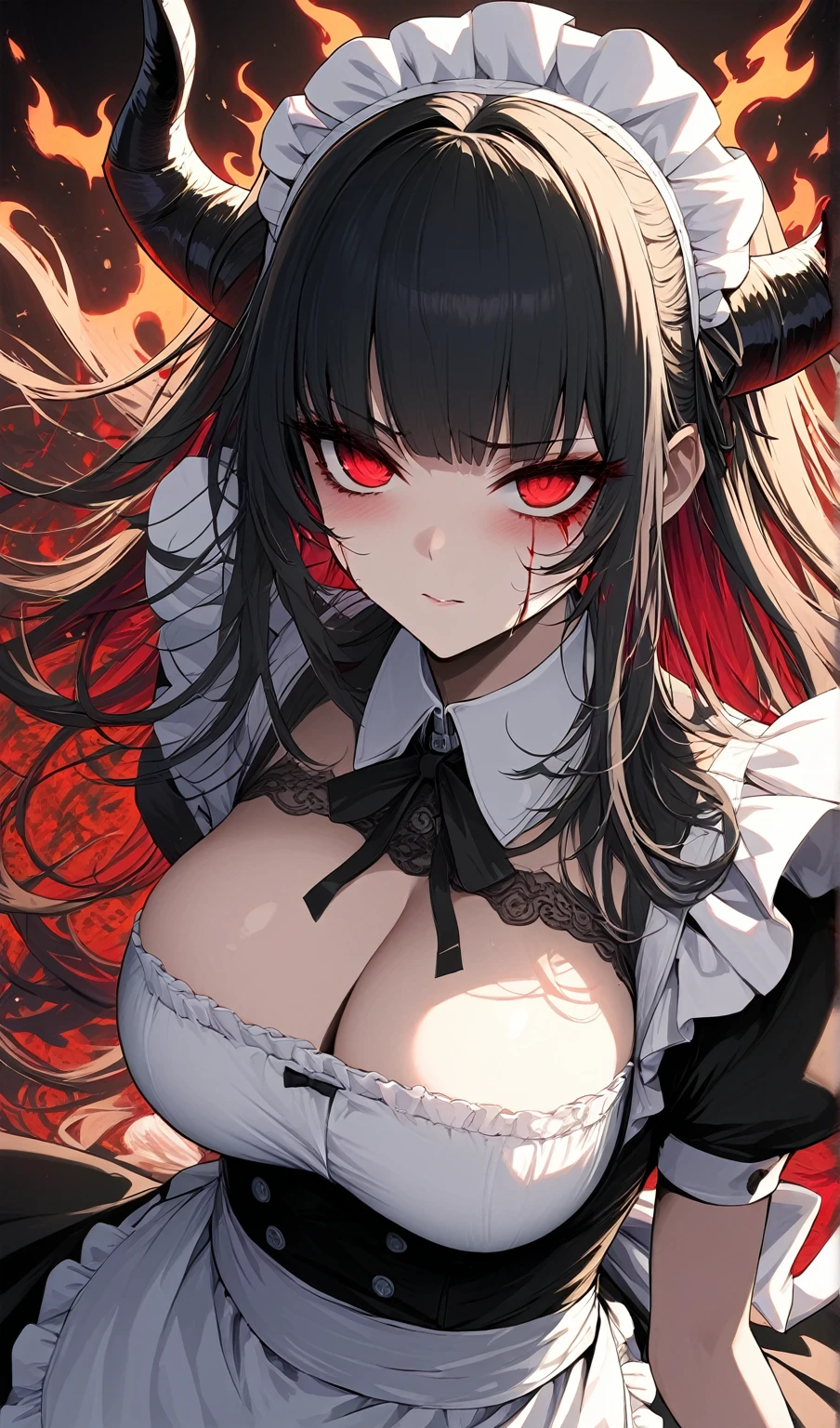 Masterpiece, very detailed, ultra detailed, one, (1 female maid), she's in a maid costume, long black hair and bangs, black demonic horns, beautiful, charming, bright red eyes, elegant, big breasts, cold-blood face , cold face, charming, against the background of black shabow and black and dark flame around her.