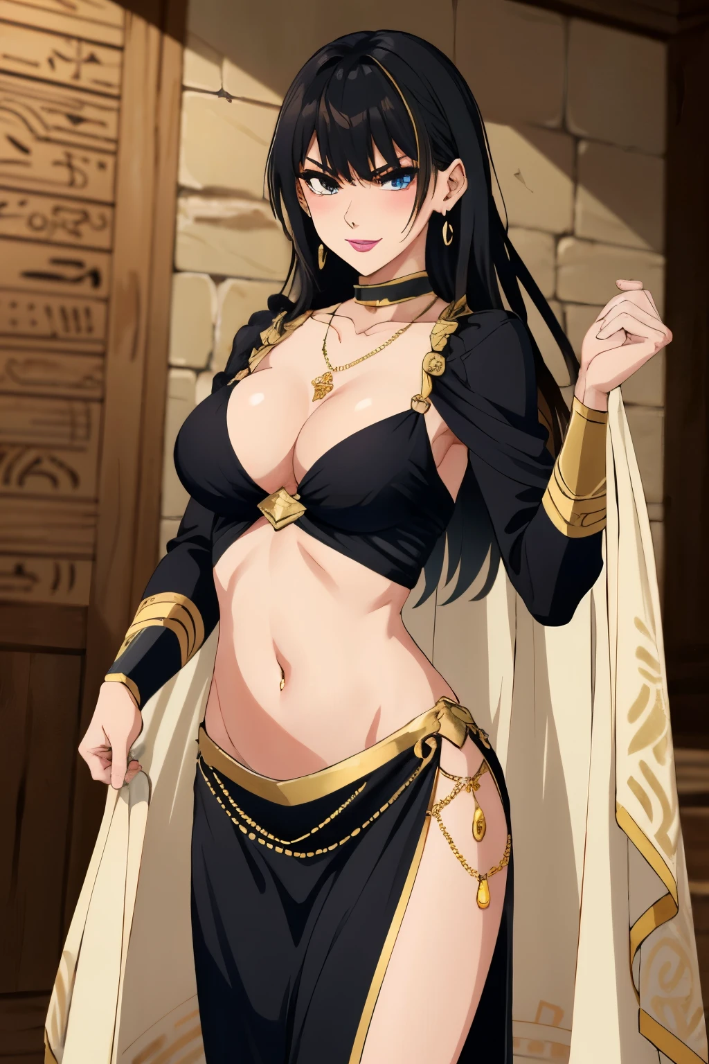 1girl, nanami, medium breasts, long hair, blush, lipstick, jewelry, earrings, Hot girl, baddie, staring, glaring, bad attitude, mean girl, dare, angry, hate, crazy, smoking, sensual, attractive,masterpiece, best quality, highly detailed ,glint,halterneck,gold_choker, complex detailed background,
inside, stone wall, ancient interior, ancient egyptian room, hieroglyphs, dark lighting, dark
atmosphere, (cowboy shot), holding a sword, sword, belly_chain,harem_outfit,navel, necklace,
pelvic_curtain,revealing_clothes, veil,masterpiece,best quality,1girl,mature,evil smile, smile,
female,mature,necklace,pendant, exposed belly, exposed navel, exposed
midriff, exposed lower belly,