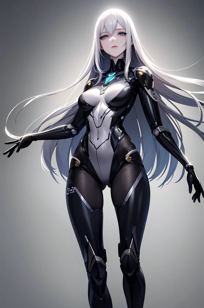 female robot, thin, skin part is only face, silver metal skin, full metal robot body, mechanical parts, electronic wire, cum in pussy, high quality, medium breasts, long hair, tall, thigh gap, full body metal skin, wet, cum in pussy, metallic tits, separated breast, under repair, anatomical body, unreal engine, from below