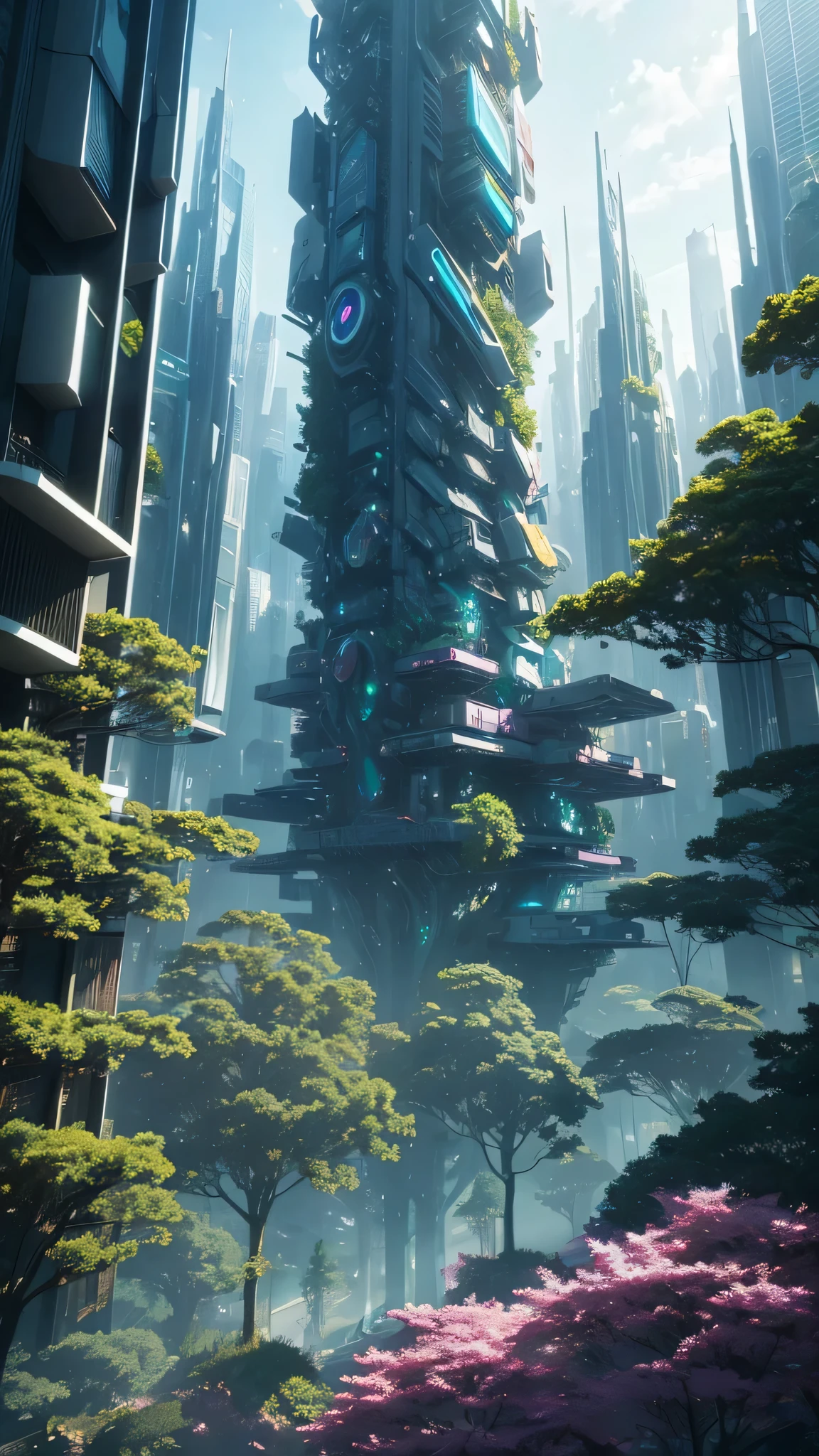 "Create an art piece where a mystical forest blends seamlessly with futuristic city elements, inspired by the vibrant color palettes and dynamic angles commonly found in anime. Capture the essence of both nature and technology coexisting harmoniously."