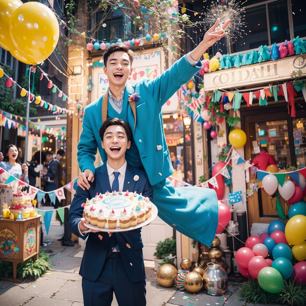 Create a creative and imaginative image of a kind-looking consul man wearing blue clothes and holding a birthday cake. Set him in an unconventional and whimsical setting, such as a magical garden with floating candles and colorful confetti raining down, or a fantastical realm where cakes are giant and candles dance with music. Infuse the image with elements of wonder and celebration, showcasing his role as a bringer of joy and connection.Surround the kind-looking consul man with a vibrant and lively background, such as a festive party scene with balloons, streamers, and joyful guests celebrating. Enhance the atmosphere with bright colors and dynamic elements that symbolize happiness and festivity, creating a visually striking and joyful image.