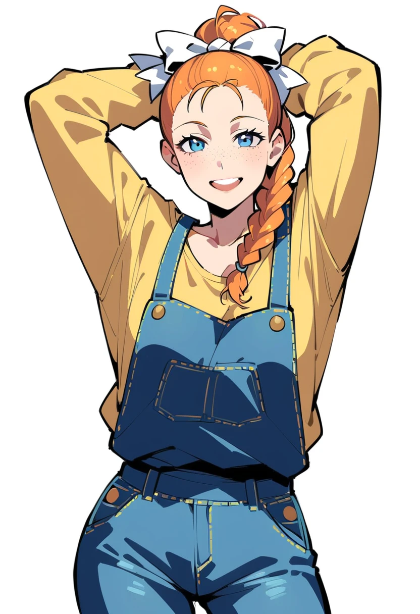 pewarnaan character, visual illustration, aged up, @ANN, ann \(harvest moon\), ran \(bokujou monogatari\), 1girl, solo, (overalls), white background, (blue overalls), smile, blue eyes,  braided ponytail, single braid, forehead, simple background, looking at viewer, breasts, arms up, long sleeves, yellow shirt, orange hair, blonde hair, cowboy shot, collarbone, collared shirt, cleavage, denim, hair pulled back, upper teeth only, long hair, medium breasts, standing, arms behind head, teeth, oversized clothes, partially unbuttoned, pants, oversized shirt, buttons, head tilt, flat chest, hair bow, white bow, tomboy, round teeth, plaid shirt, denim overalls, mature female, tall, tall female, slim body, freckles, highres, 4k, 8k