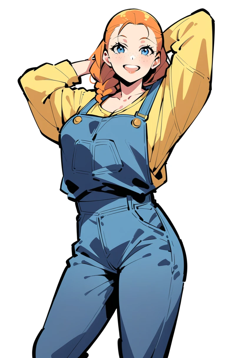 pewarnaan character, visual illustration, aged up, @ANN, ann \(harvest moon\), ran \(bokujou monogatari\), 1girl, solo, (overalls), white background, (blue overalls), smile, blue eyes,  braided ponytail, single braid, forehead, simple background, looking at viewer, breasts, arms up, long sleeves, yellow shirt, orange hair, blonde hair, cowboy shot, collarbone, collared shirt, cleavage, denim, hair pulled back, upper teeth only, long hair, medium breasts, standing, arms behind head, teeth, oversized clothes, partially unbuttoned, pants, oversized shirt, buttons, head tilt, flat chest, hair bow, white bow, tomboy, round teeth, plaid shirt, denim overalls, mature female, tall, tall female, slim body, freckles, highres, 4k, 8k