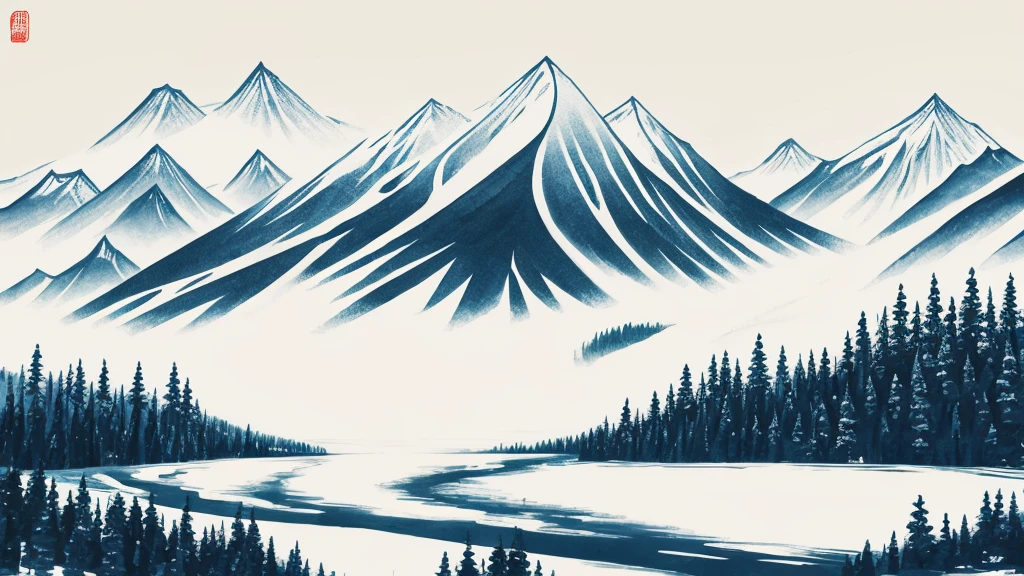 Chinese style ink painting,Snow Mountain,Simple white space