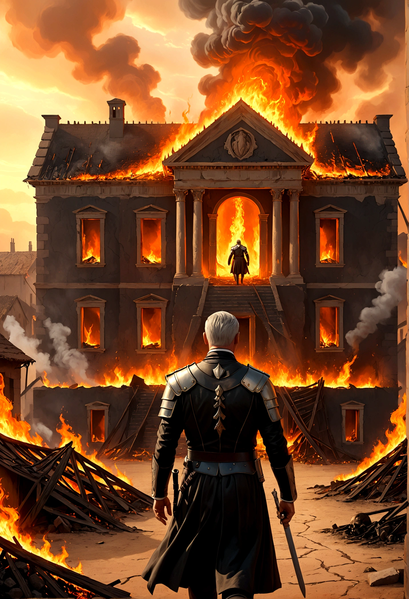 "A detailed image of Crassus walking away from the burning house, leaving the owner in despair. Flames and smoke create a dramatic background, highlighting Crassus' merciless nature."
Size: "1024x1024"