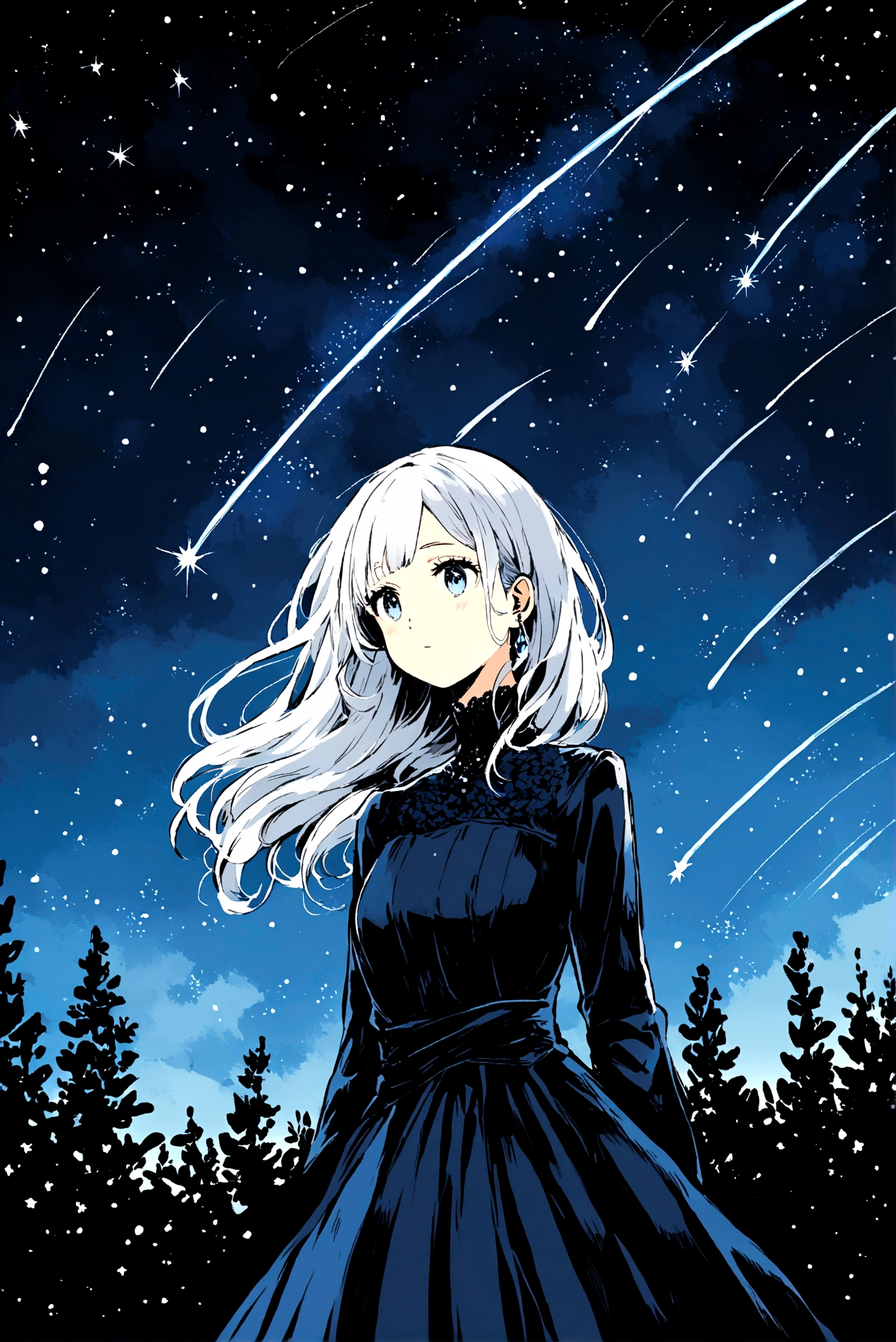 A silver-haired girl, Shooting star across the starry night sky.,Illustration style