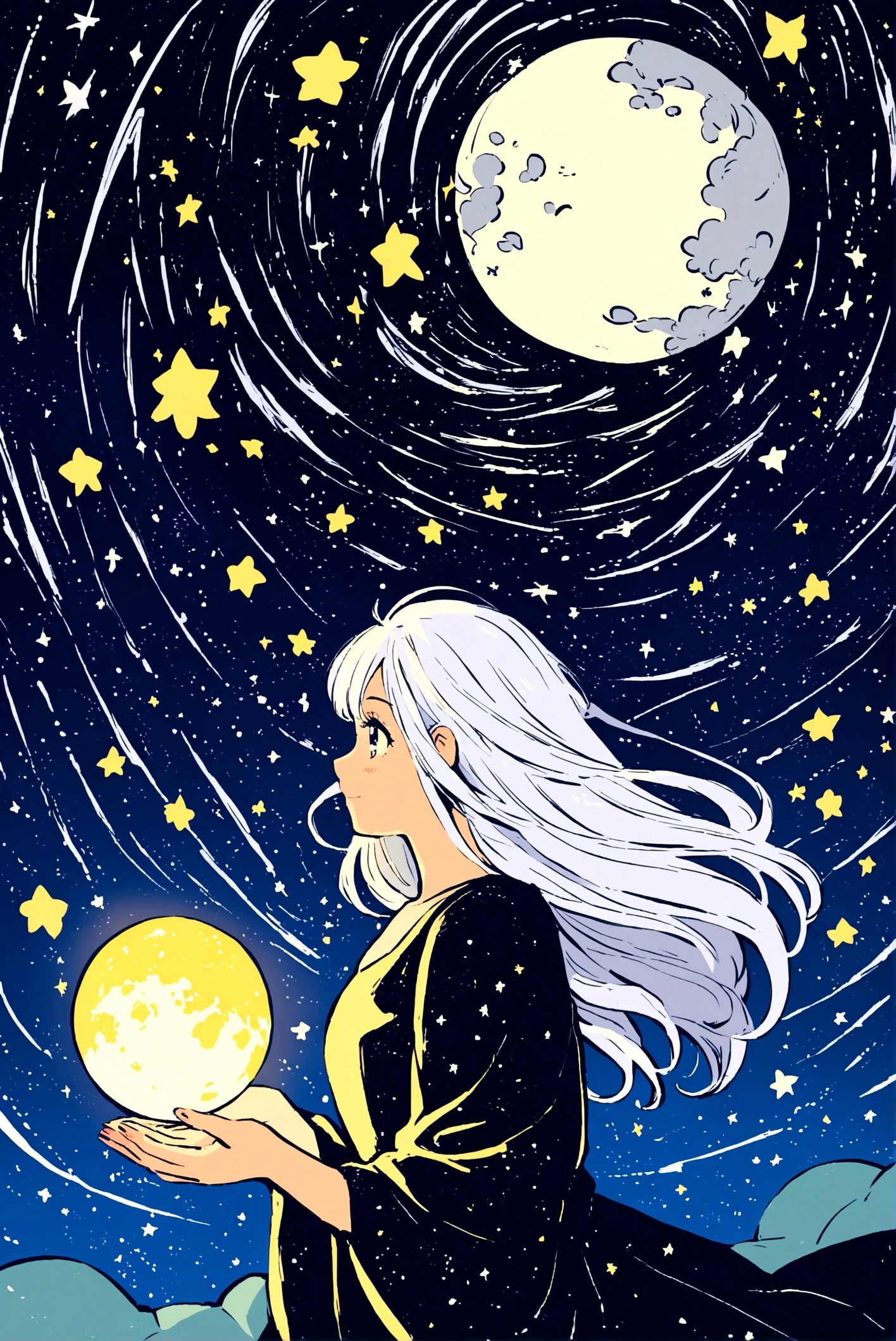 A silver-haired girl, Shooting star across the starry night sky.，Illustration style