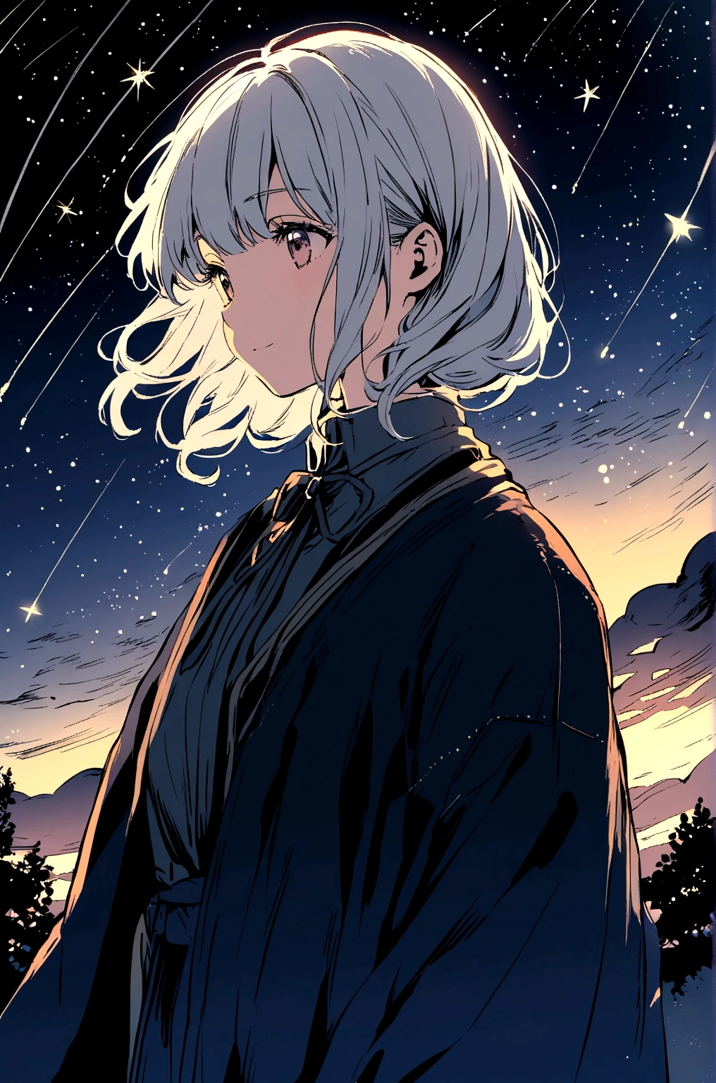 A silver-haired girl, Shooting star across the starry night sky.，Illustration style
