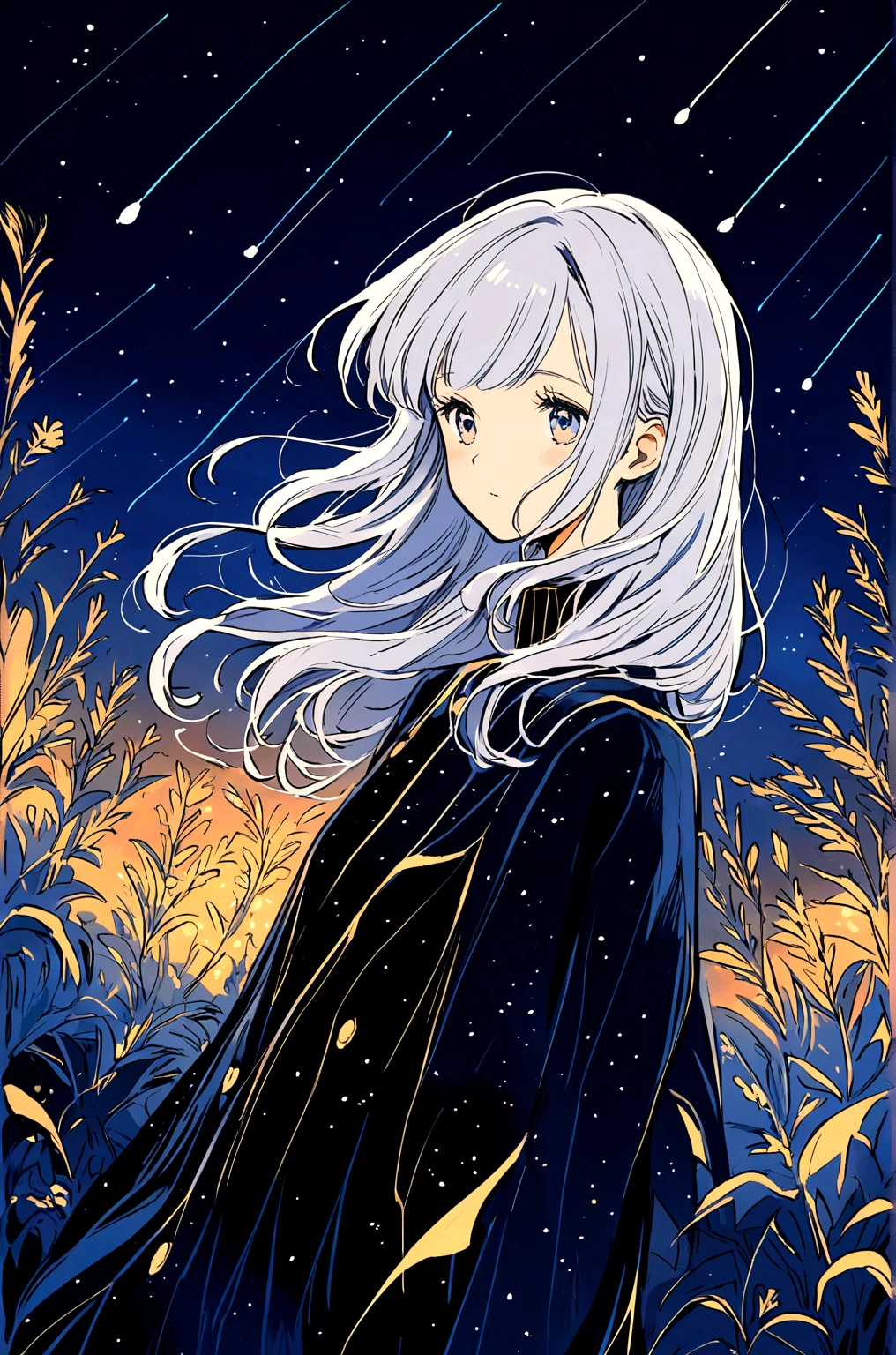 A silver-haired girl, Shooting star across the starry night sky.，Illustration style