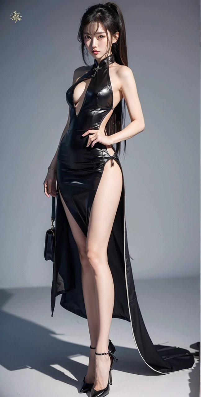Beautiful Chinese waifu, early 30s, brunette hair, (small breasts), black leather qipao