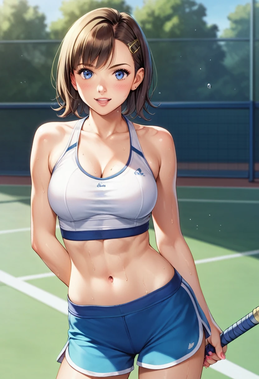 テニスラケットとテニスボールを持っている白いTennis Wearを着たアラビア風の女性, Tennis Wear, Play sports often and shirt, Play sports often, Play sports often and shorts, Martina Fakova, Play sports often, Playing tennis, sporty, Healthy girl, White bra, Cute Sportswear, sporty physique, Attractive body, West Shot, An athletic body, Play sports often and dark blue shorts