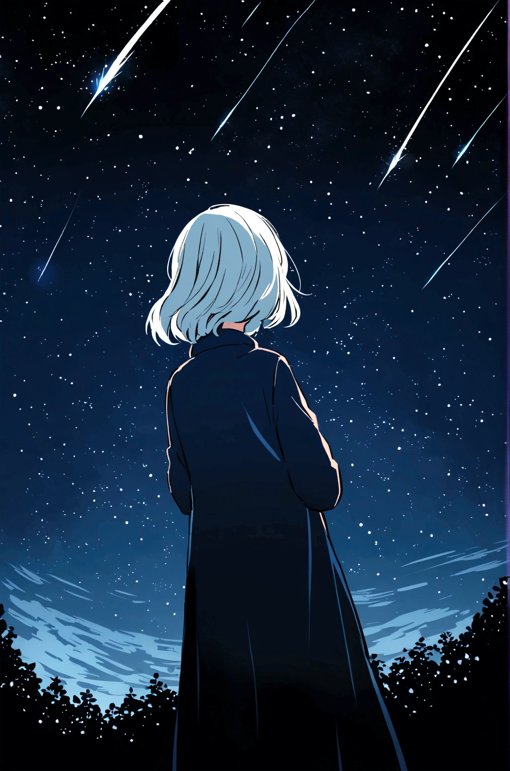 A silver-haired girl, Shooting star across the starry night sky.,Illustration style