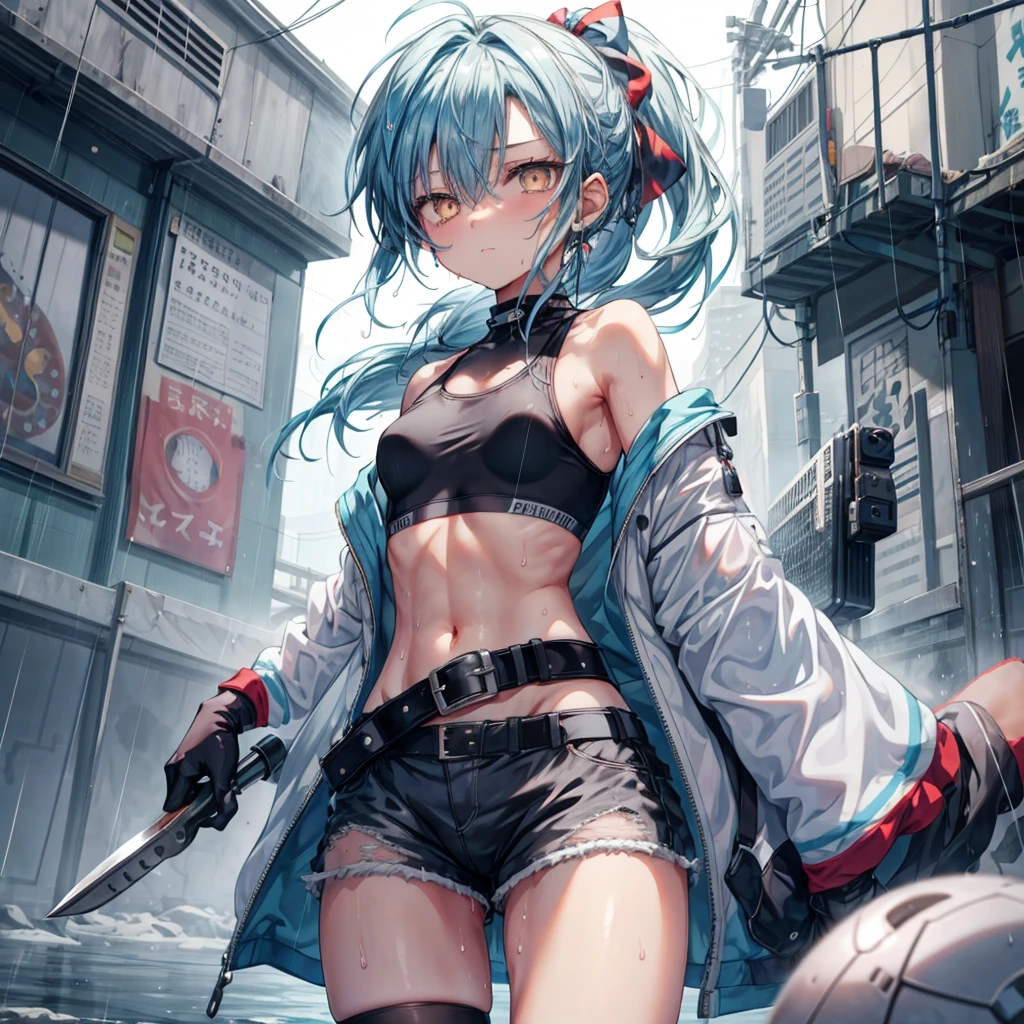 ((Highest quality)), ((masterpiece)), ((detailed)), (4K), a girl with lightblue hair and a top with short sleeves holding a screw driver, 1girl, 独奏, long hair, lightblue hair, navel, gloves, shorts, breasts, sweat, wrench, short shorts, very long hair, underwear, panties, holding, belt, arm up, ponytail, small breasts, blurry background, gray sky, rain, looking at viewer, black gloves, white panties, sports bra, wiping sweat, bow, bare shoulders, bangs, cowboy shot, yellow eyes, midriff, hair bow, (expressionless)