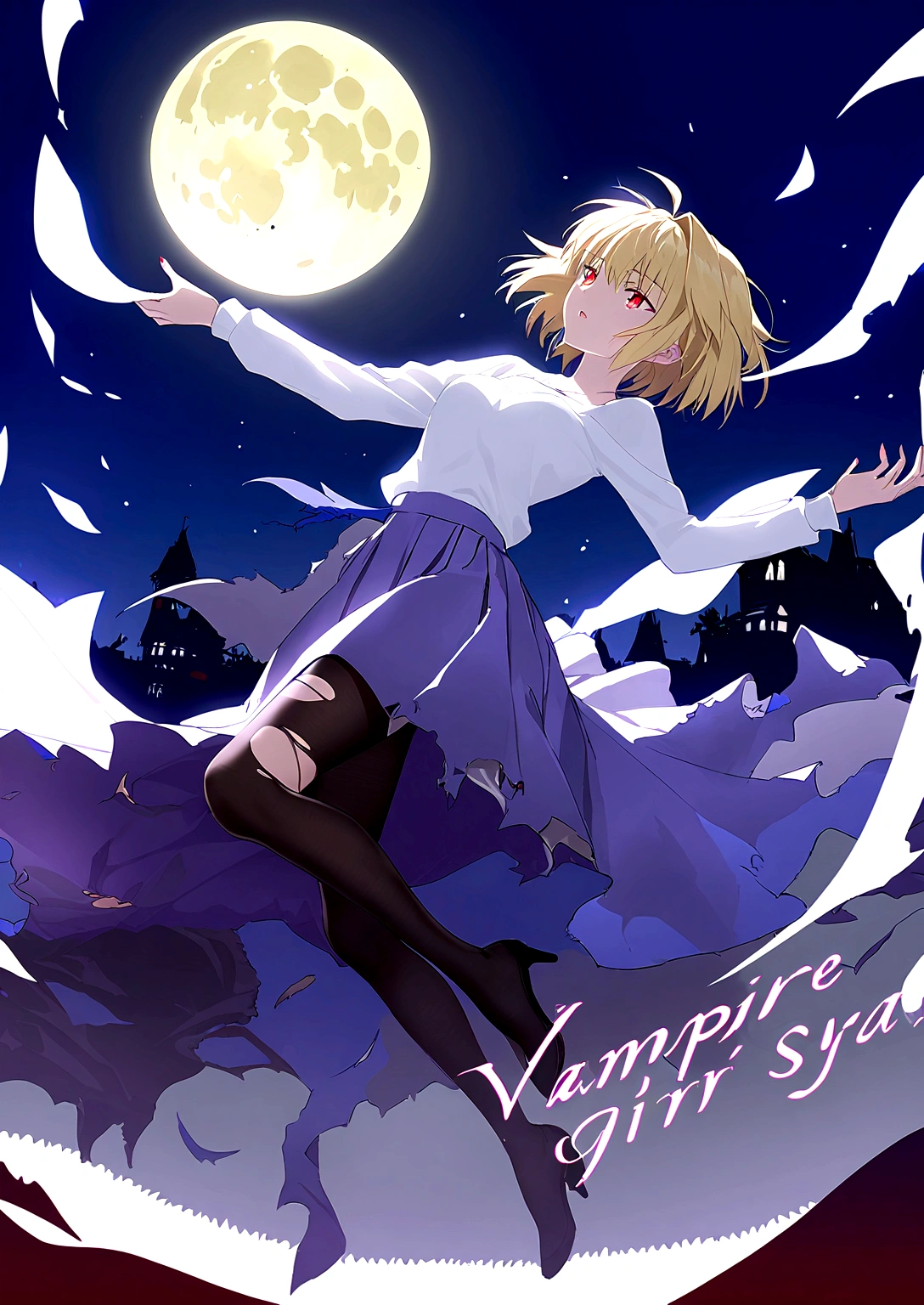 vampire girl on top of blue sky and behind full moon surrounded by night sky, arcueid brunestud, 1girl, solo, long skirt, blonde hair, skirt, moon, short hair, sweater, full moon, red eyes, pantyhose, torn clothes, purple skirt,arcueid
