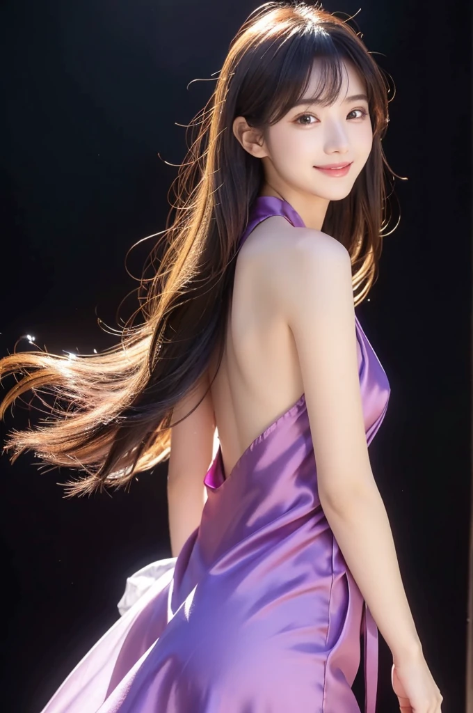 Image resolution 8K、masterpiece:1.3)、Beauty、1 female、(魅力的なBody Type:1.2)、abdomen:1.1、Dark brown hairstyle:1.1、(Body Type:1.2)、Ultra-detailed face、Attractive lips、double eyelid,Wearing a purple silk one-piece dress、Super realistic and super cute in every detail、Japanese、Japanese女性、20th generation(28 years old)、Smile with a beautiful smile、Hair blowing in the wind、color々Hair style、Light shining from behind、Black background、Filmed in the studio